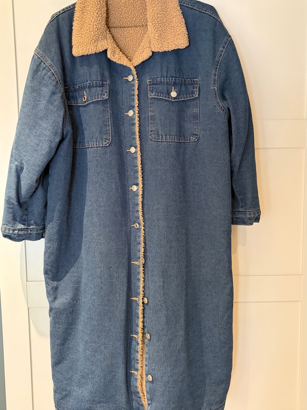 Long Denim Sherpa Coat with Tan Faux Shearling Collar